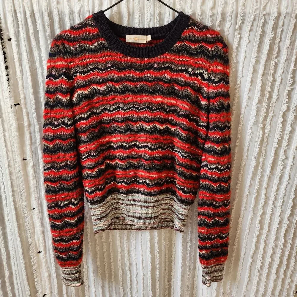 Tory Burch Sz M Metallic Stripe Sweater Mohair Wool Blend Top Red Blue Designer - Picture 8 of 9